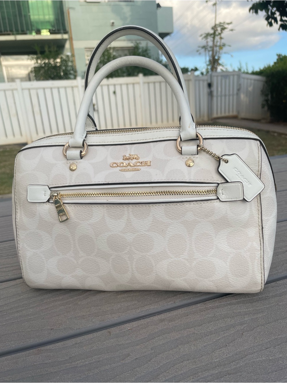 Coach Medium White Signature Rowen  with Gold Hardware